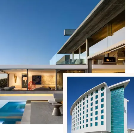 This image features a collage of two distinct architectural styles, both representative of modern design. The top and left sections display a luxurious residential home characterized by clean lines, extensive use of glass, and an open, minimalist aesthetic. The structure features a large outdoor patio and an infinity pool, with the interior visible through floor-to-ceiling windows. The bottom right section shows a contemporary commercial building with a striking, curved facade. The building has a white exterior and is punctuated by a repeating pattern of rectangular, teal-colored windows, complemented by a large, curving glass wall. Both images are set against a backdrop of a bright,clear blue sky. Two modern buildings, one a residential home and the other a commercial building, are shown in a composite image. The top and left parts of the image show a sleek, multi-level house with large glass windows, a flat roof, and an infinity pool. The bottom right shows a curved, multi-story commercial building with many square windows and a glass facade. The sky is a clear blue in both photos.